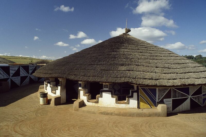 A building in a Ndebele village, South Africa.  The Ndebele speakers, currently about a million strong, arrived in South Africa with the Bantu expansion.