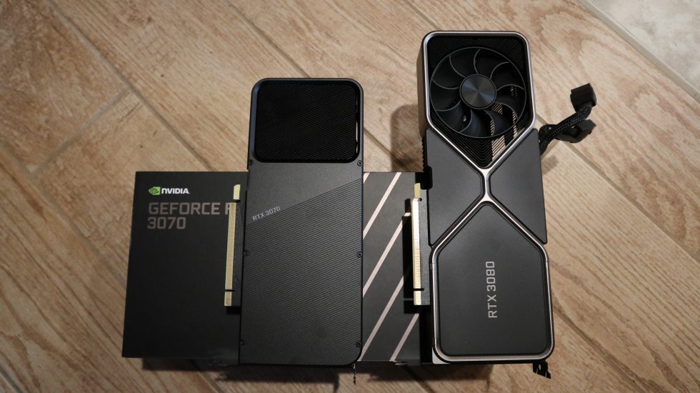 RTX 3070 (left), posing with the RTX 3080 (right).