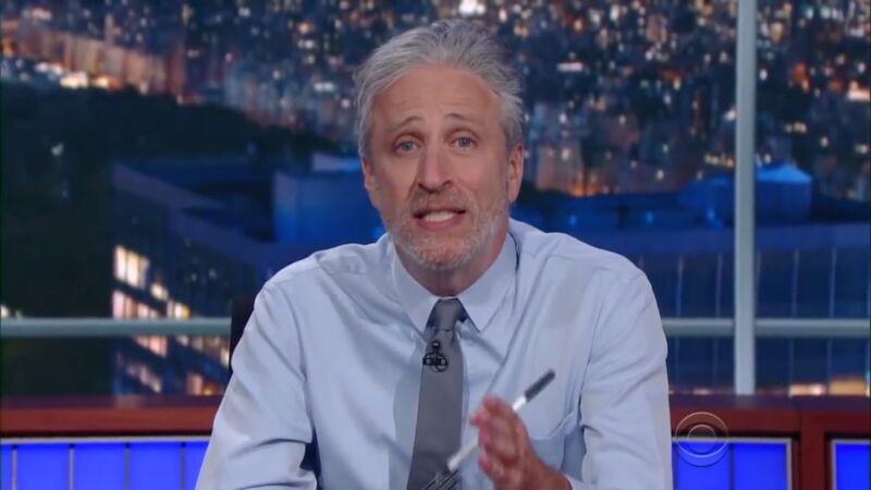 Jon Stewart appears in a segment on <em>The Late Show with Stephen Colbert</em> post-<em>Daily Show</em> retirement.