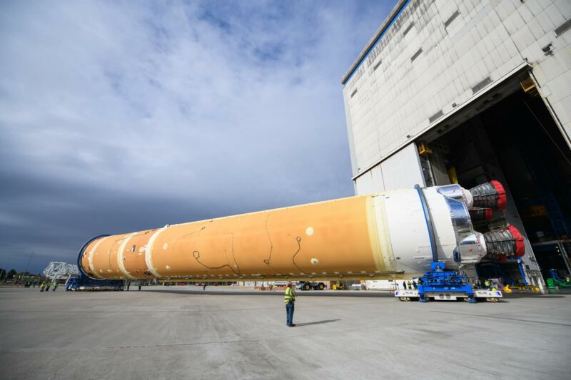 Teams at NASA's Michoud Assembly Facility move the Core Stage toward a barge in January that will carry it to a test stand in Mississippi.