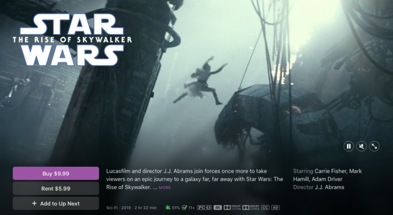 Apple TV pages for films like <em>Star Wars: Rise of Skywalker</em> now claim 4K, Dolby Vision, and Dolby Atmos support.