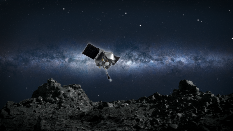Artist’s conception of NASA’s OSIRIS-REx spacecraft collecting a sample from the asteroid Bennu.