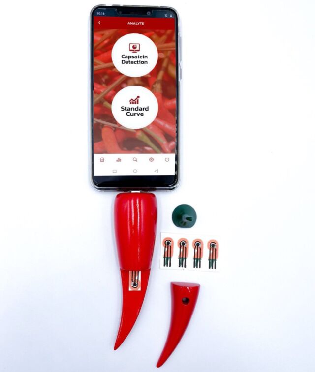 A chili pepper-shaped device containing a paper-based electrochemical sensor can be connected to a smart phone to reveal how much capsaicin is in a hot pepper.