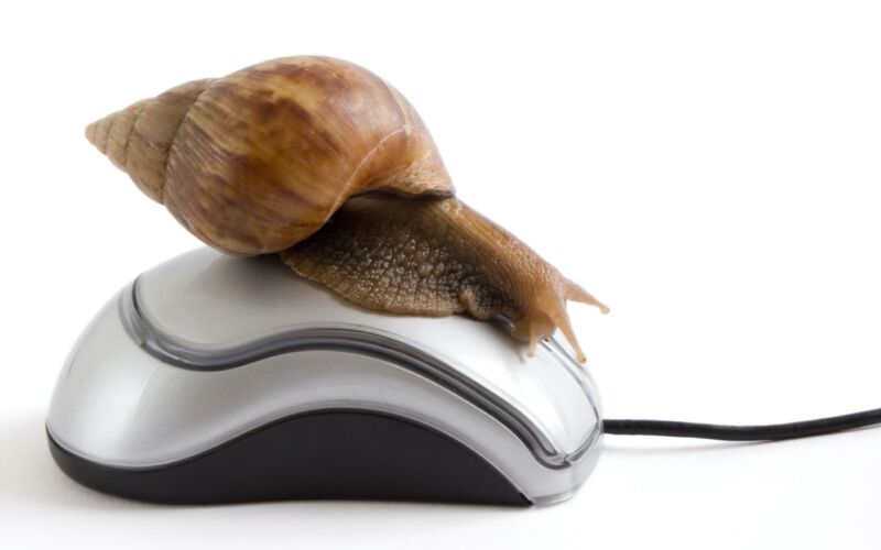 Un caracol descansando sobre un mouse de computadora, para ilustrar el lento servicio de Internet.