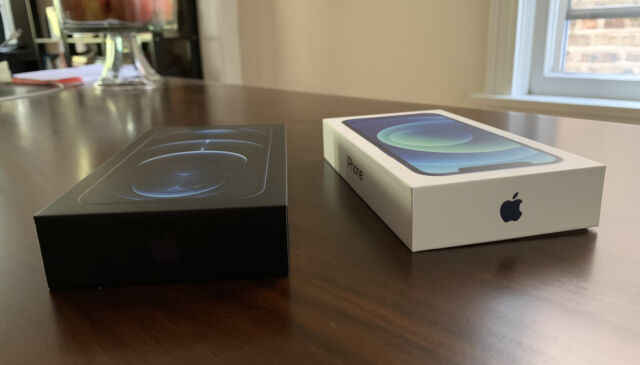 The smaller boxes for the iPhone 12 Pro (left) and iPhone 12 (right).