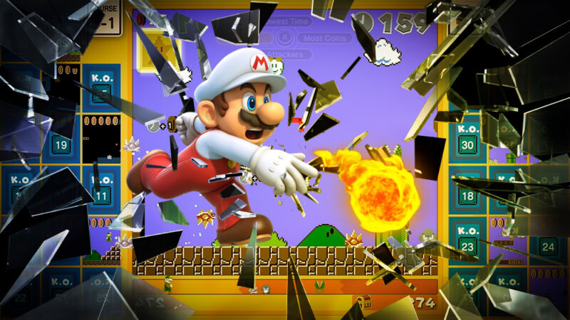 Illustration of Nintendo's Mario breaking through a glass wall.