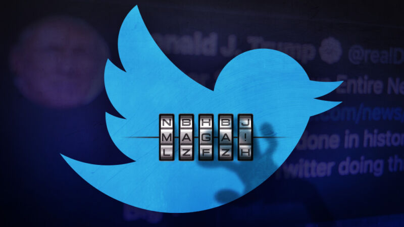 Illustration that includes a Twitter logo, President Trump's Twitter account, and a password that reads 