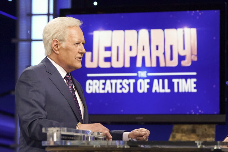 Alex Trebek, seen here hosting a themed Jeopardy tournament in January 2020—and while the tournament's name was about high-performing contestants from the series' past, today, we are going to say that it's specifically about Trebek himself.