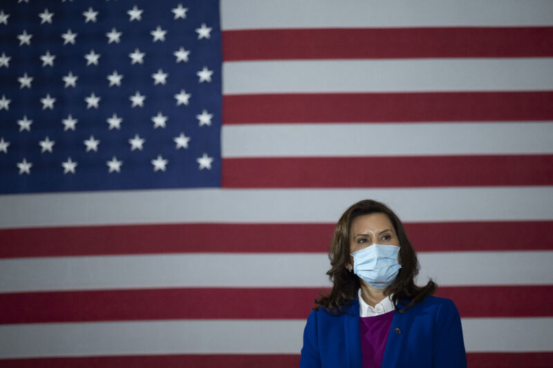 Michigan Gov. Gretchen Whitmer about to speak at an event in Southfield, Michigan, on October 16, 2020.