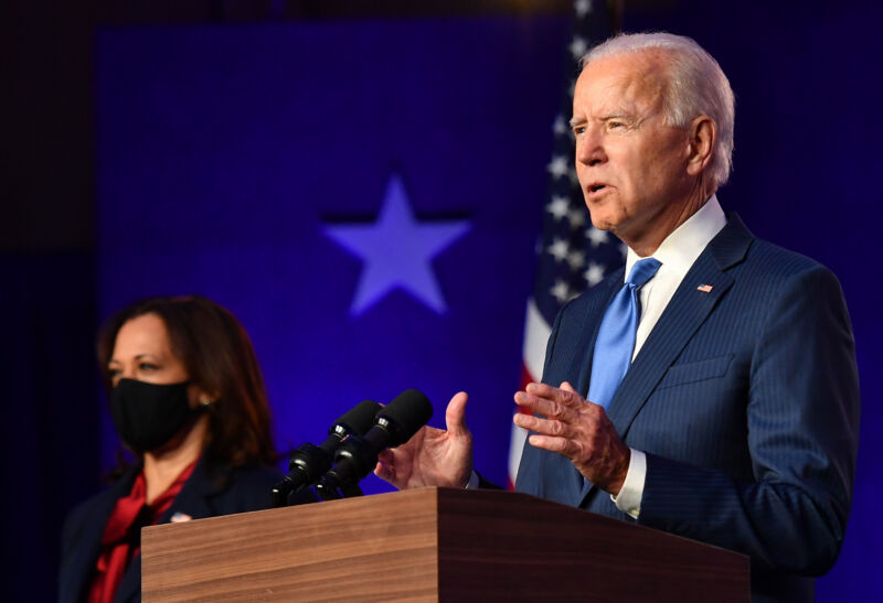 President-elect Joe Biden, accompanied by Vice President-elect Kamala Harris, delivers remarks at the Chase Center in Wilmington, Delaware, on November 6, 2020.