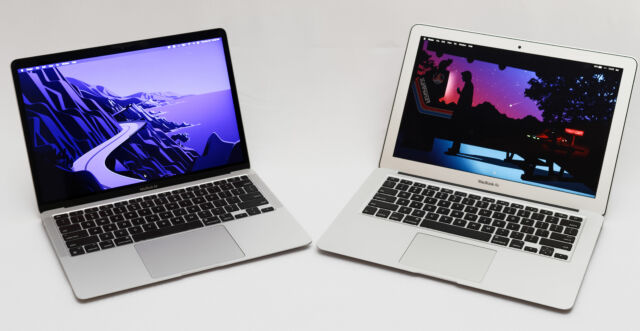 The latest Apple MacBook Air (left) next to an older model.
