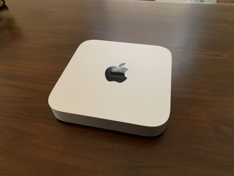 The top of the Mac mini on a table