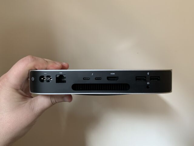 The ports on the back of the Mac mini.