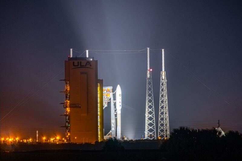 Atlas V on SLC-41 after being flushed due to unexpected system response from remotely operated ground system liquid oxygen valves.