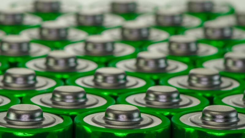 Stock photo displays rows of batteries.