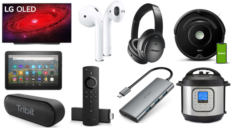 A collage of electronic consumer goods against a white background.