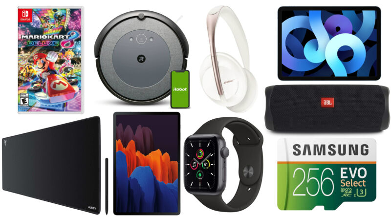 Collage of electronic consumer goods against a white background.