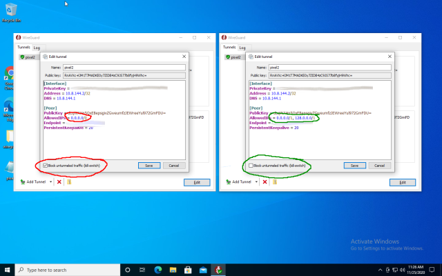 The config I use for my phone routes all traffic over the tunnel, using the /0 route seen on the left. Unchecking the "Block untunneled traffic" box automatically splits it into two /1 routes, as seen on the right.