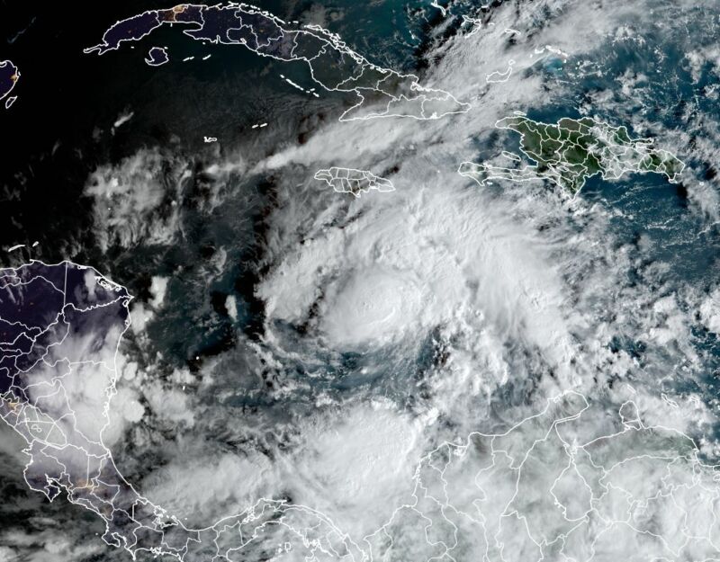 Tropical Storm Eta's satellite appearance on Sunday morning, Nov. 1.