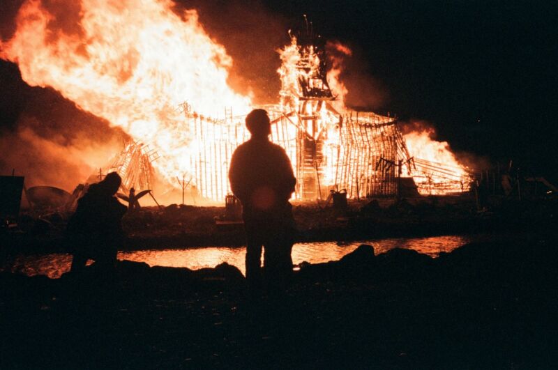 "Remember, remember the fifth of November": a 1997 Bonfire Night in Skinningrove, North Yorkshire, England, commemorating Guy Fawkes and The Conspiracy of the Powders plot to blow up the English Parliament and King James I.