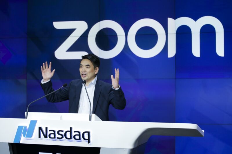 Zoom founder Eric Yuan speaking at Nasdaq.