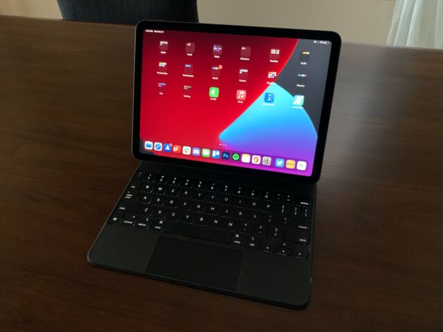 The iPad Air with Apple's Magic Keyboard and trackpad accessory.