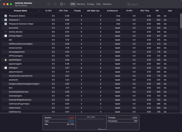 Apple Silicon-native applications show up in Activity Monitor as "Apple" architecture, while x86 applications are listed as "Intel."