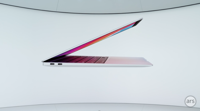 The new Macbook Air with M1 is a 13", completely fanless and silent design.