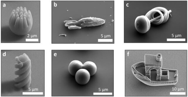 SEM images of various 3D printed particle shapes: (top, lr) a spiny sphere, a spaceship, a spiral.  (below, lr) A helix, a trimer and a 3D bank boat.