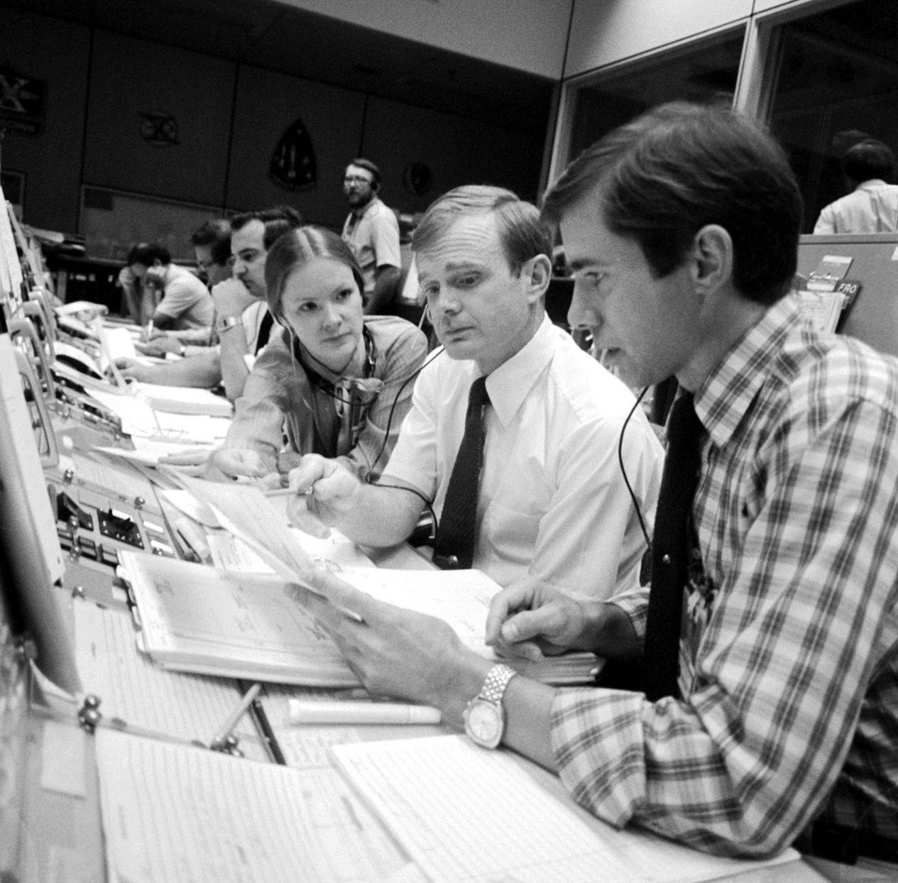 Astronaut Brewster H. Shaw Jr., right, Astronaut Roy D. Bridges Jr. and Marianne J. Dyson are pictured during STS-4 in 1983.