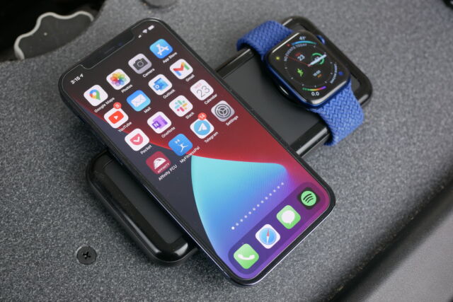 Technology The portable Mophie All-in-one has a built in Apple Watch charger, wireless charging pad, and charging ports.