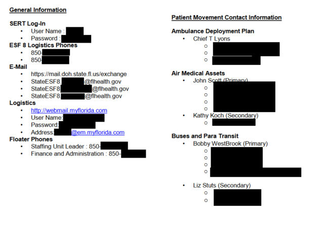 A redacted screenshot from a publicly available PDF showing the login information for ESF-8 communications systems. This is the kind of information you might tack up in your cubicle—not the kind of information you want all over the Internet.