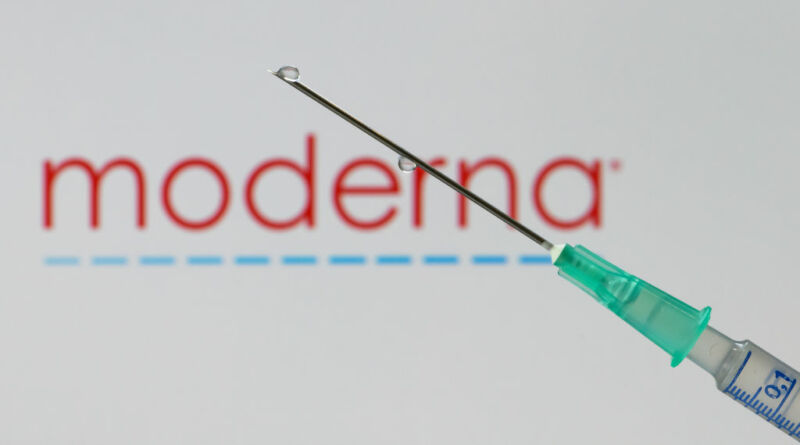 Image of a syringe in front of a Moderna company logo.