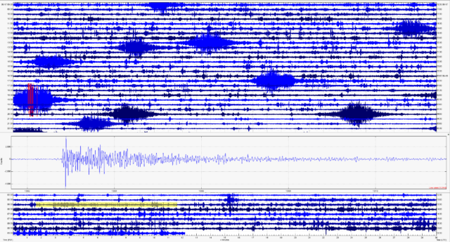 Hollisters' Raspberry Shake continues to record the cigar-shaped signatures of the trains in Turlock, California, while also recording distant earthquakes, such as this magnitude 7.4 event from New Zealand on June 18, 2020. The New Zealand earthquake is marked in yellow in the background and enlarged in the inset. 