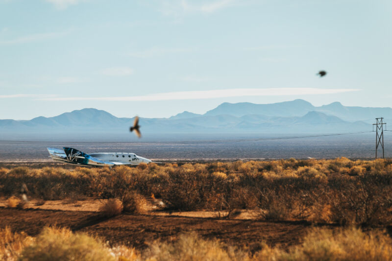 SpaceShipTwo Unity is seen shortly after landing in New Mexico on Saturday.