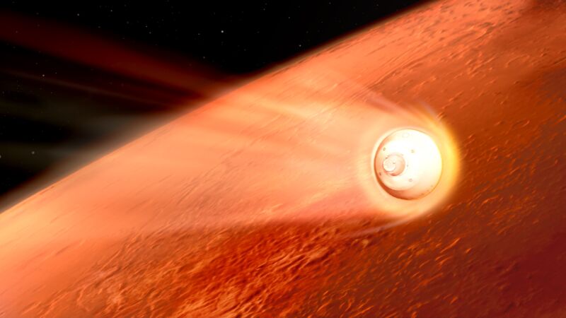 In this illustration of its descent to Mars, the spacecraft containing the Perseverance rover slows down using the drag generated by plunging through the Martian atmosphere. 