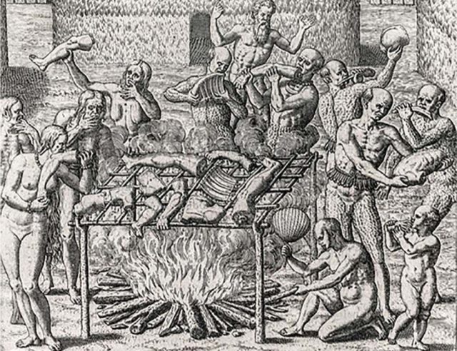 Cannibalism in Brazil depicted by Theodor de Bly, 1596.