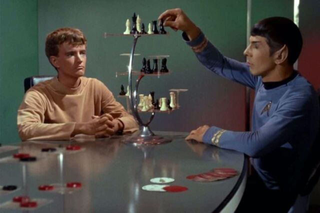 Spock playing 3D chess in "Charlie X," an episode from <em>Star Trek: The Original Series</em>, which originally aired in 1966. 