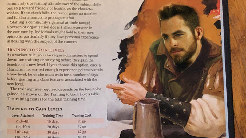 Wajah aktor Chris Pine telah di-photoshop ke kartu informasi Dungeons and Dragons.