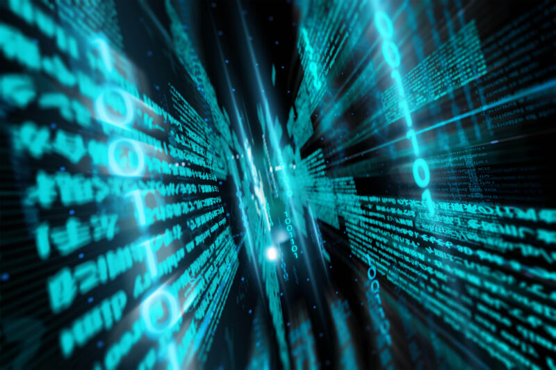 Close-up of digital data and binary code in the network.