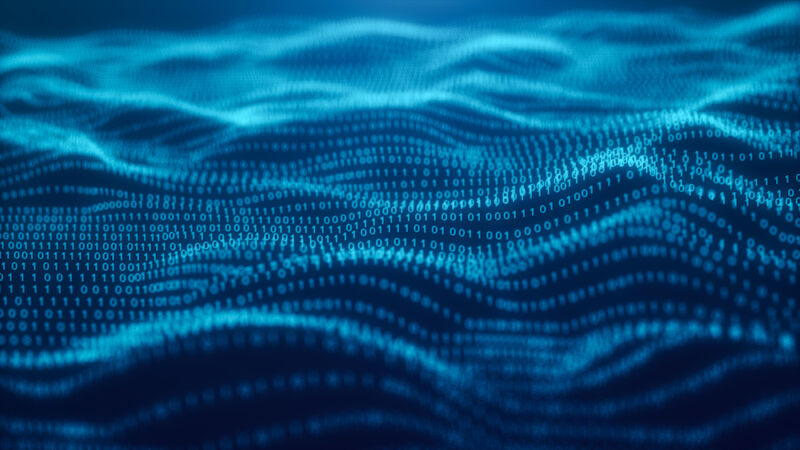 تصویر سه بعدی انتقال مدلی از کد باینری پس زمینه چکیده.  ذرات آینده نگر برای تجارت ، علم و فناوری ، زمینه آبی