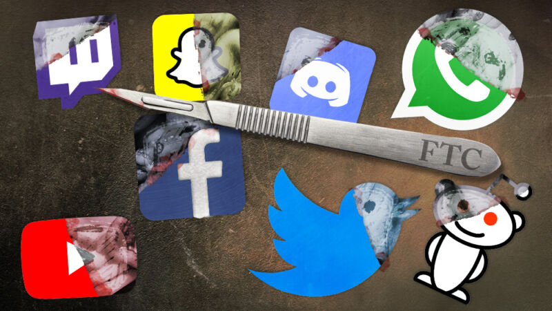 A scalpel labeled FTC is surrounded by the logos of social media giants.