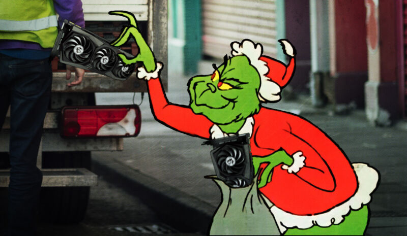 A photo of a box truck has been photoshopped to include The Grinch stealing a computer component from it.