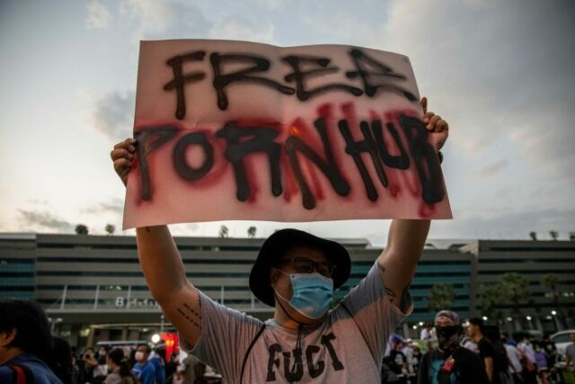 A demonstration in Thailand against the banning of Pornhub. “Pornhub is the adult site with the most traffic on the planet, that’s the pitch we were making to clients,” says one former employee.