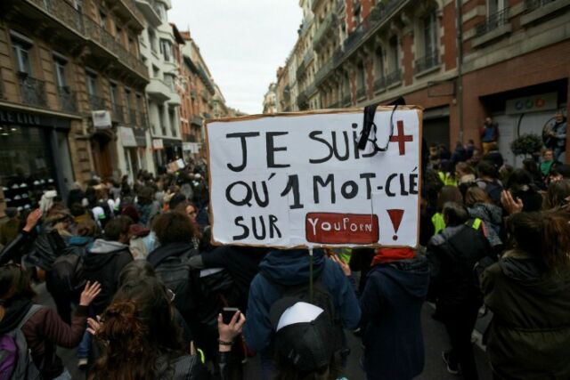 A banner at an International Women’s Day march in Toulouse carries the message ‘I’m more than a keyword on YouPorn.’