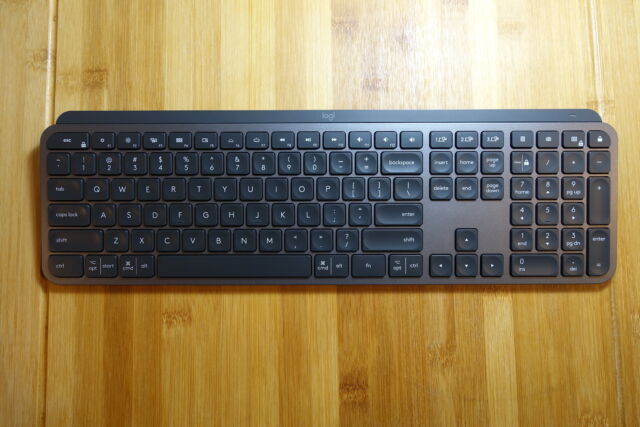 The Logitech MX Keys wireless keyboard.