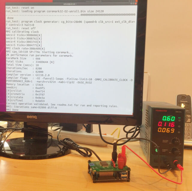 We can see the Micro Magic CPU on Odroid board here, scoring 8,200 iterations/sec over 10 seconds. The multimeter attached to the board is reading 69mW—according to Micro Magic, that's a measurement taken during the run, not at idle afterward.