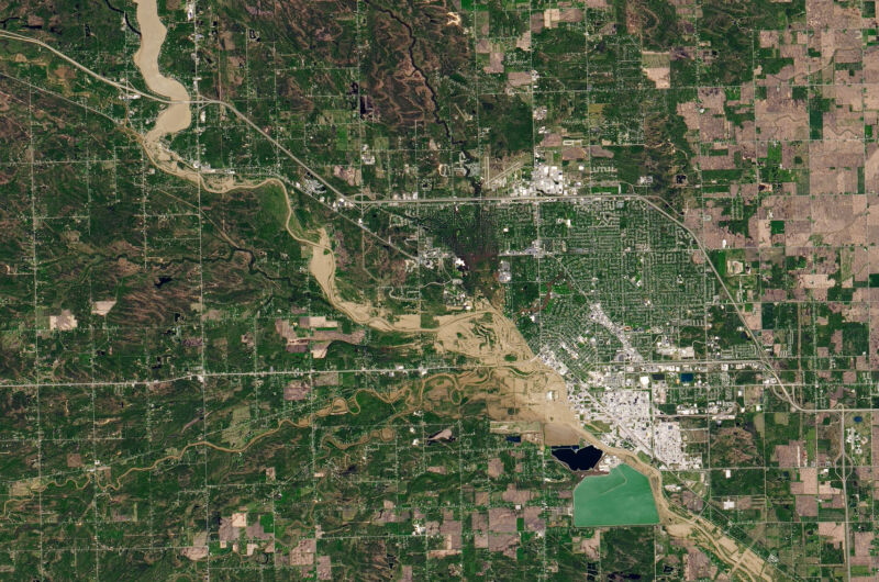 Flooding in Midland, Michigan in May 2020 after heavy rains caused the failure of two dams.