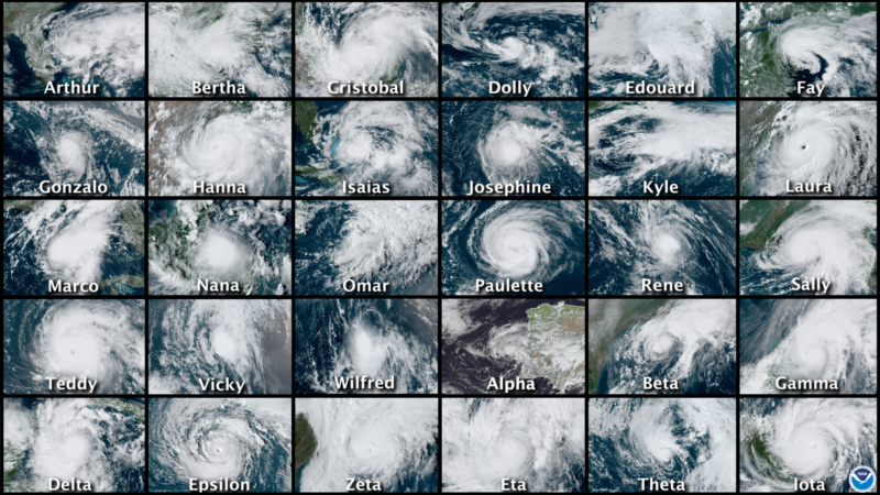 Satellite images of each storm are lined up in a 6x5 grid.