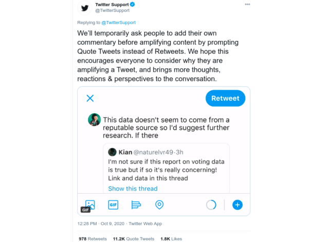 Twitter hoped that making simple retweeting a bit more difficult would encourage more thoughtful conversation. The idea did not work out in practice as pictured in the initial announcement here.
